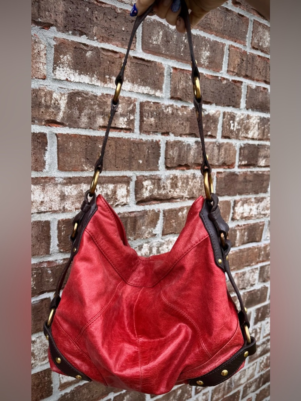 Vintage Leather Red Maroon Dark Brown Buckle Tashe Hobo Shoulder Bag Purse